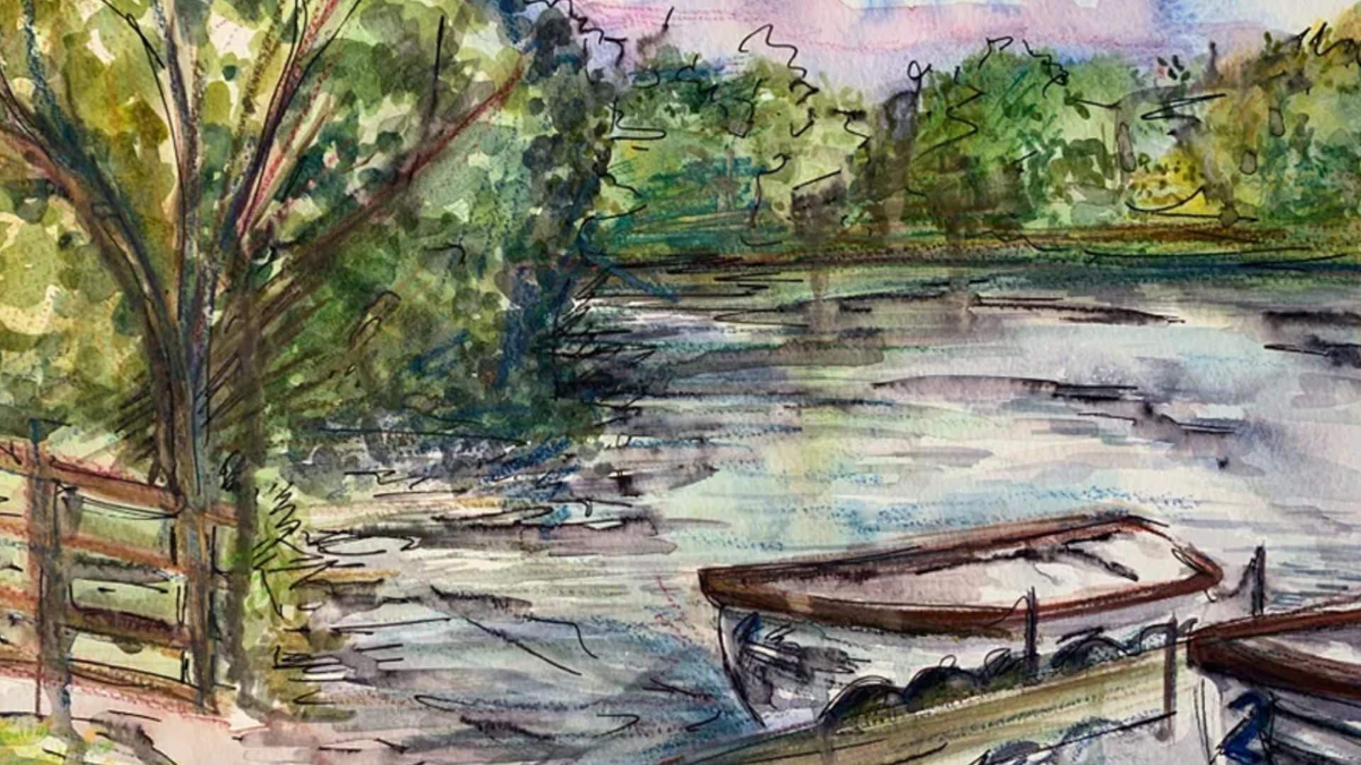 a watercolour painting of stanwick lakes, with a wooden boat on a river surrounded by trees.